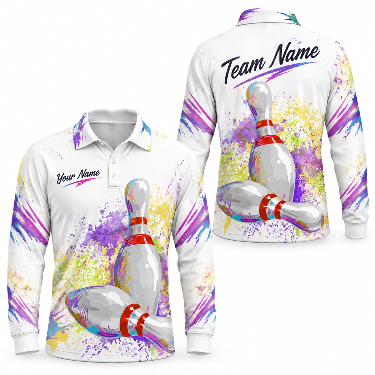 Bowling Pins Splash Art Custom Bowling Polo Shirt Long Sleeve Polo
