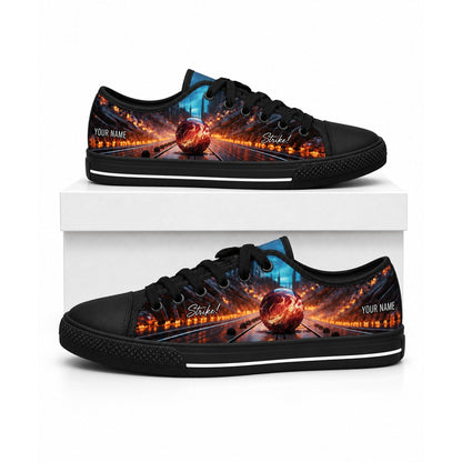 Bowling Strike Ball Graphic Personalized Low Top Shoes Box Black