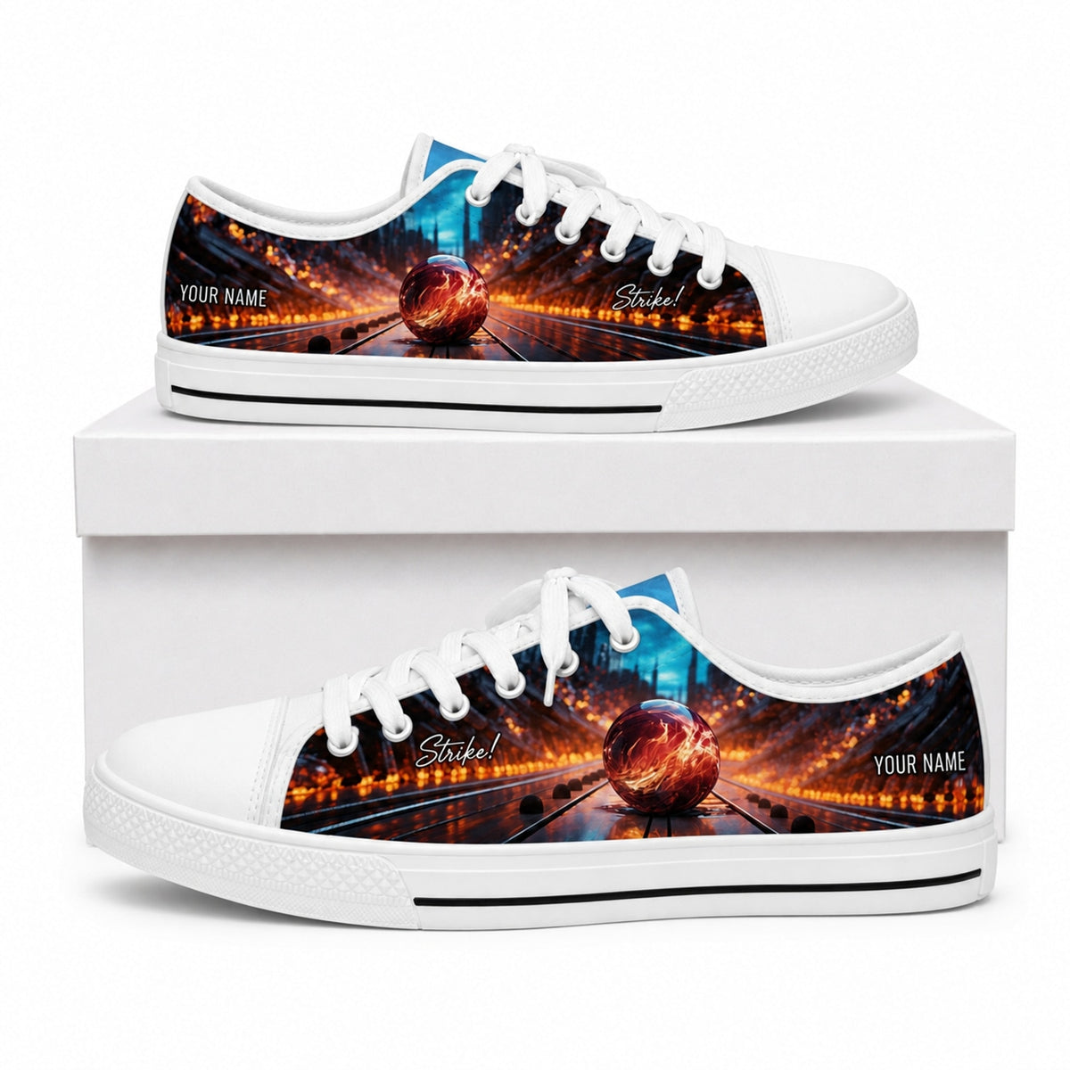 Bowling Strike Ball Graphic Personalized Low Top Shoes Box White