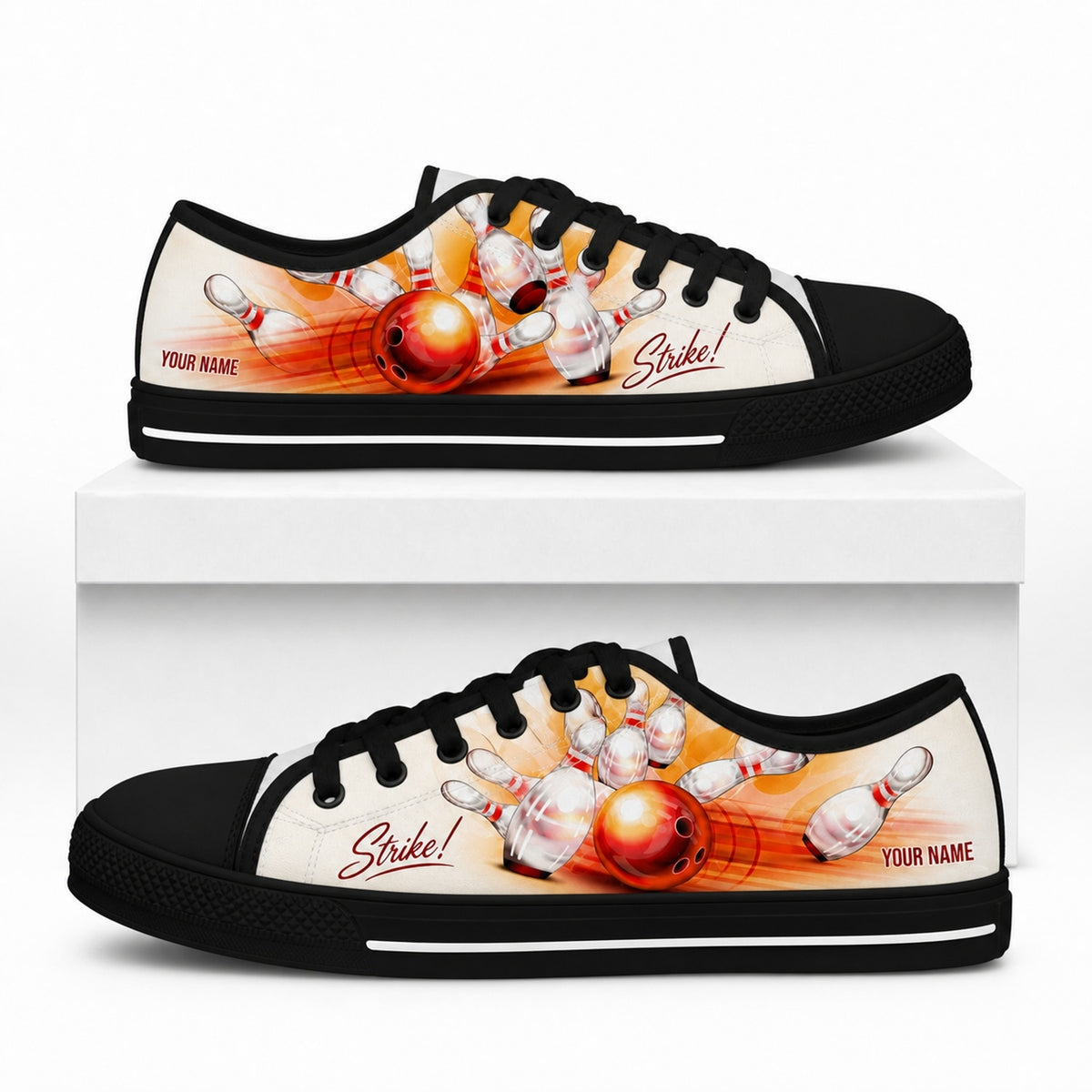 Bowling Strike Ball Pins Graphic Personalized Low Top Shoes Box Black