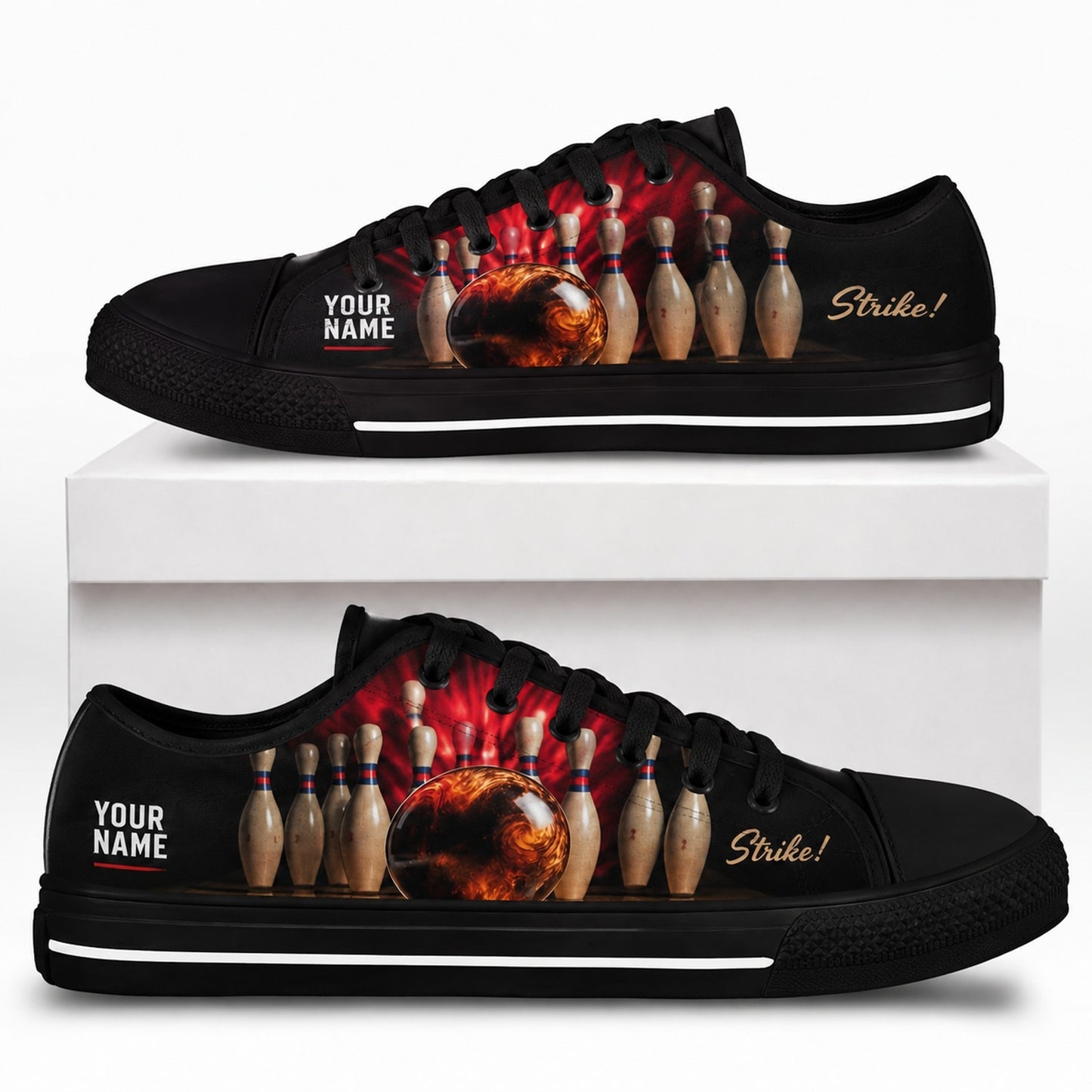 Bowling Strike Design Graphic Personalized Low Top Shoes Box Black