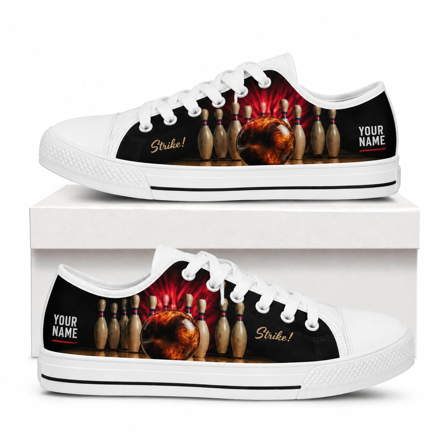 Bowling Strike Design Graphic Personalized Low Top Shoes Box White