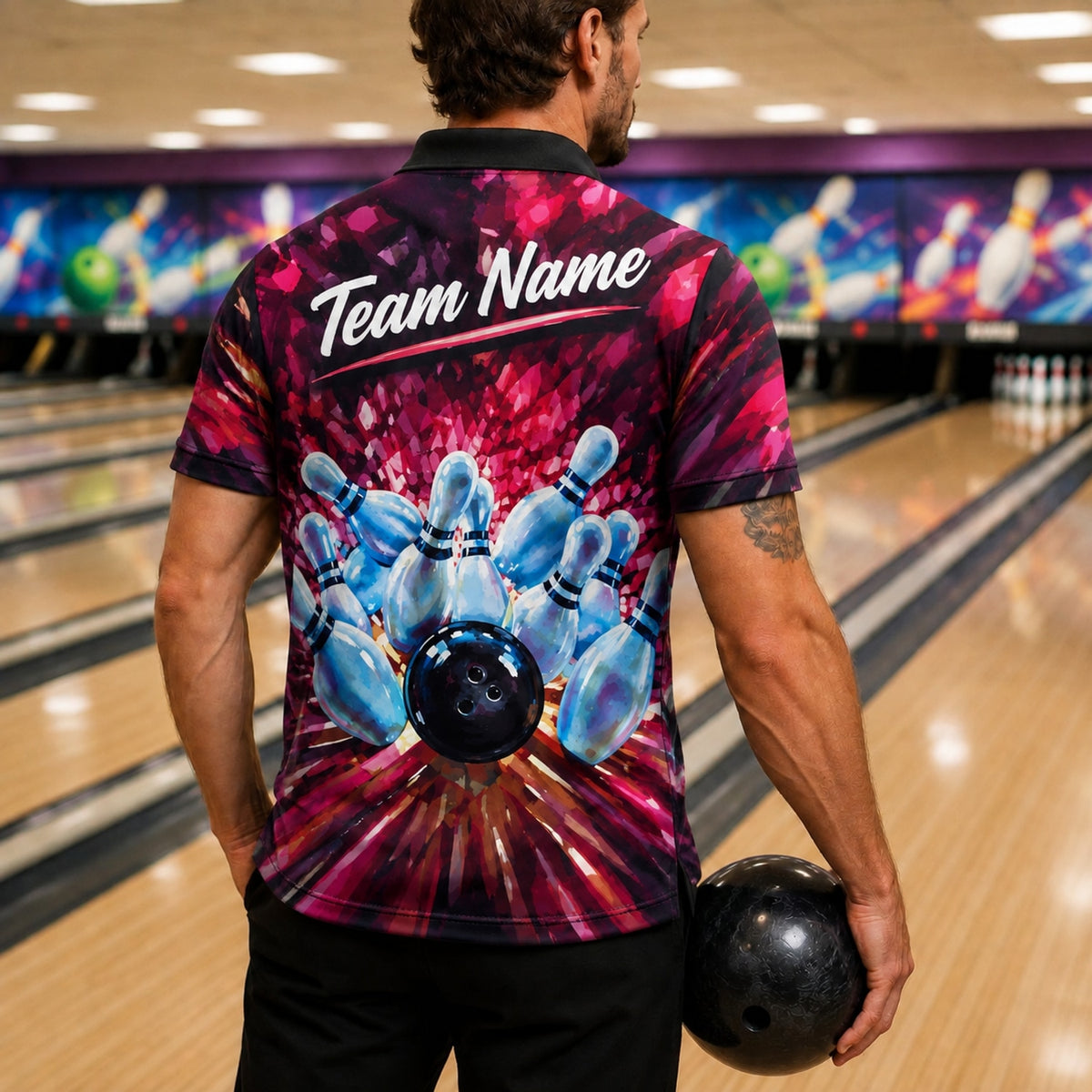 Bowling Strike Explosion Graphic Personalized Bowling Polo Shirt Back View