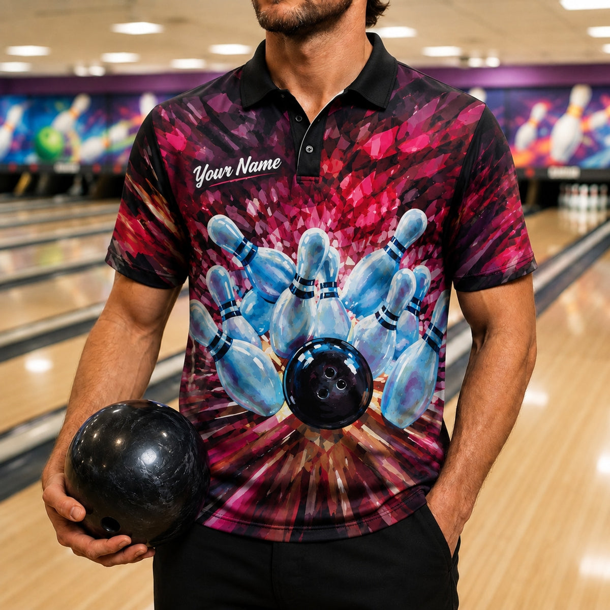 Bowling Strike Explosion Graphic Personalized Bowling Polo Shirt Front View