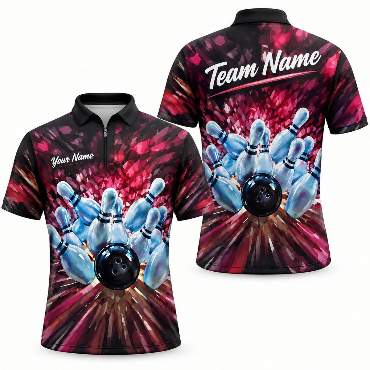 Bowling Strike Explosion Graphic Personalized Bowling Polo Shirt Jersey Zip 1 4 Collar