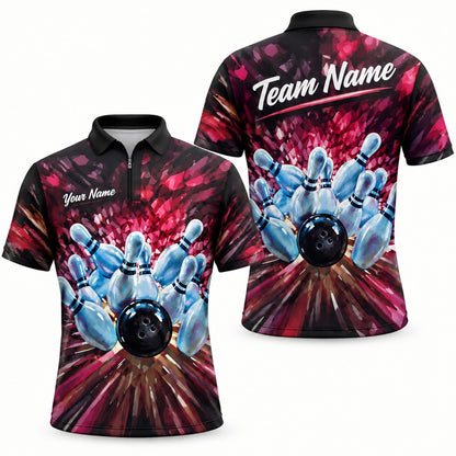 Bowling Strike Explosion Graphic Personalized Bowling Polo Shirt Jersey Zip 1 4 Collar