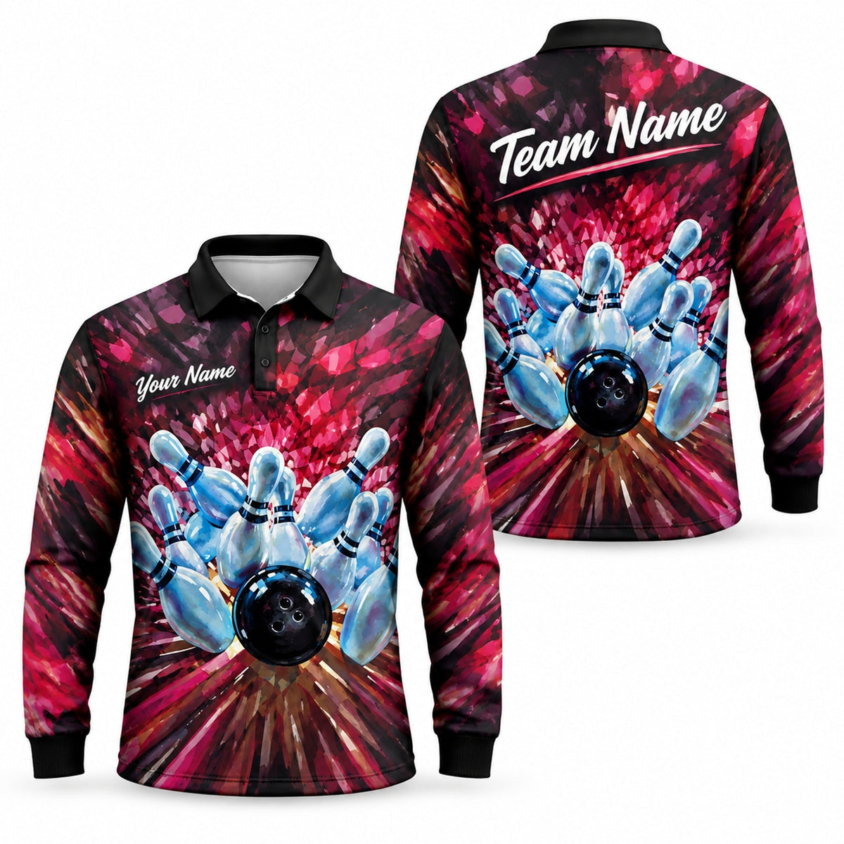 Bowling Strike Explosion Graphic Personalized Bowling Polo Shirt Long Sleeve Polo