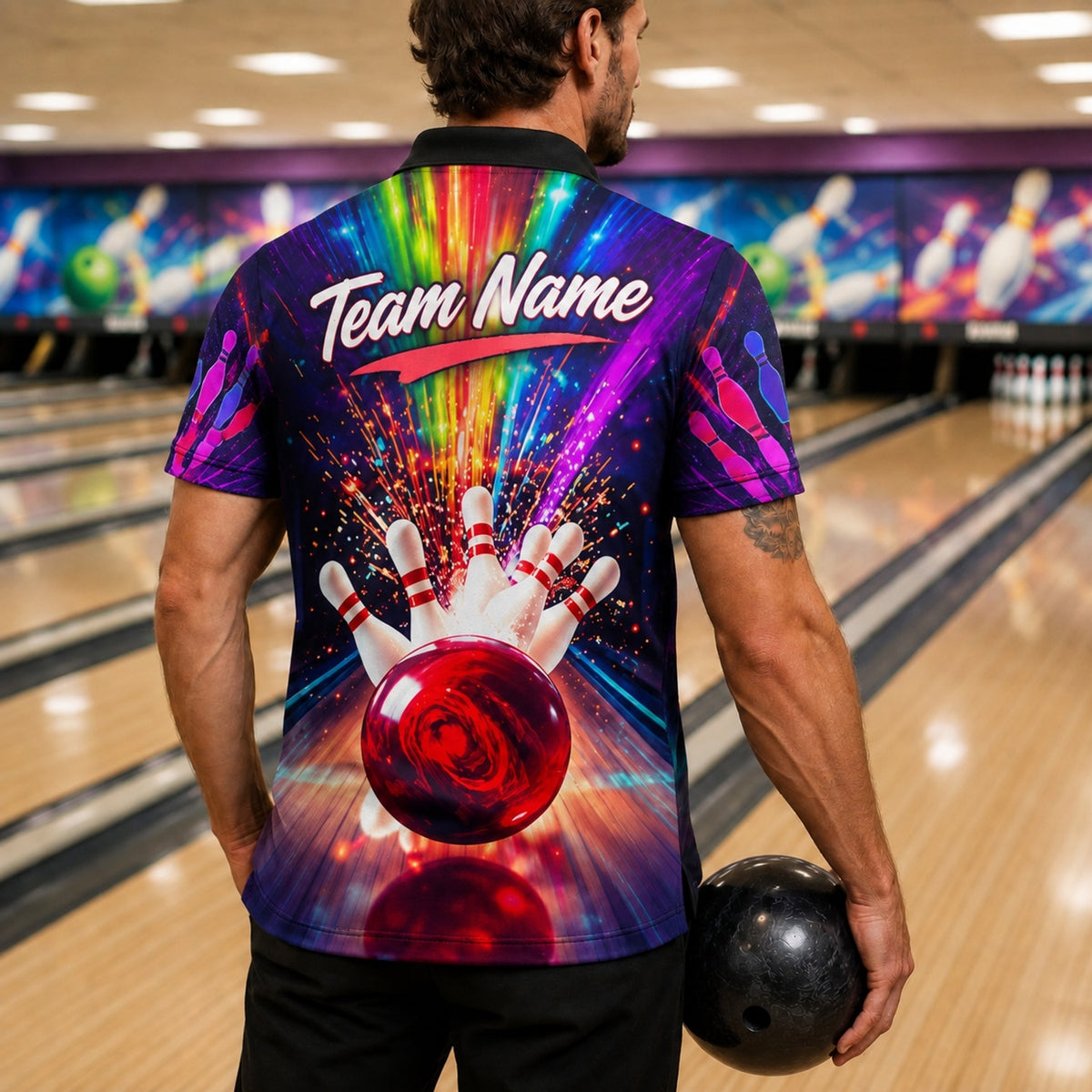 Bowling Strike Explosion Sport Custom Bowling Polo Shirt Back View