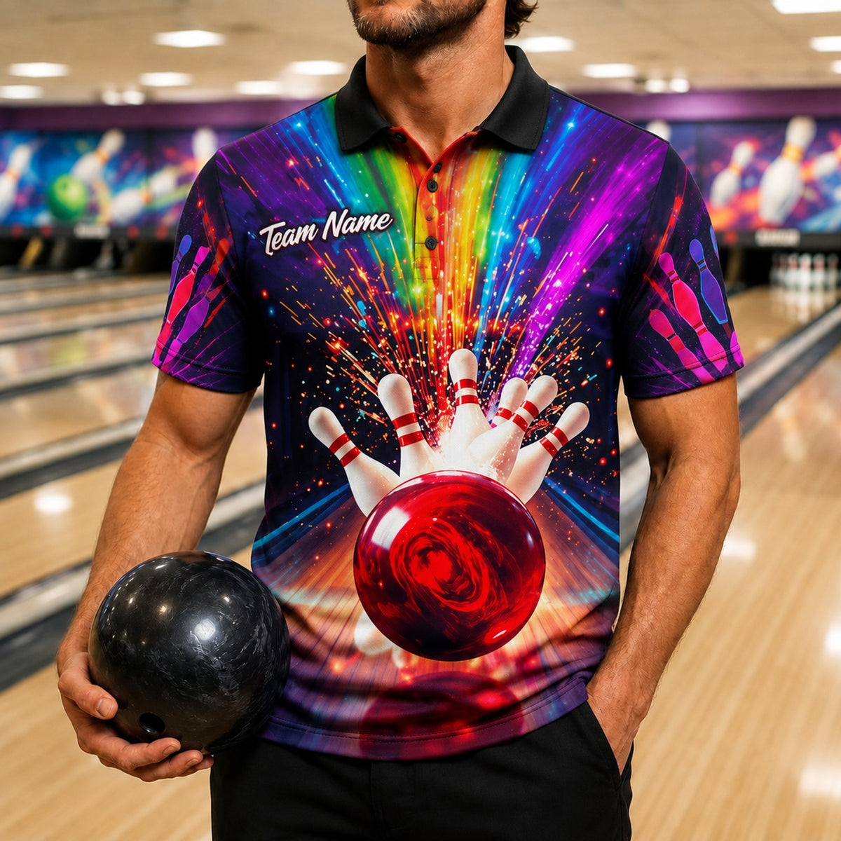 Bowling Strike Explosion Sport Custom Bowling Polo Shirt Front View