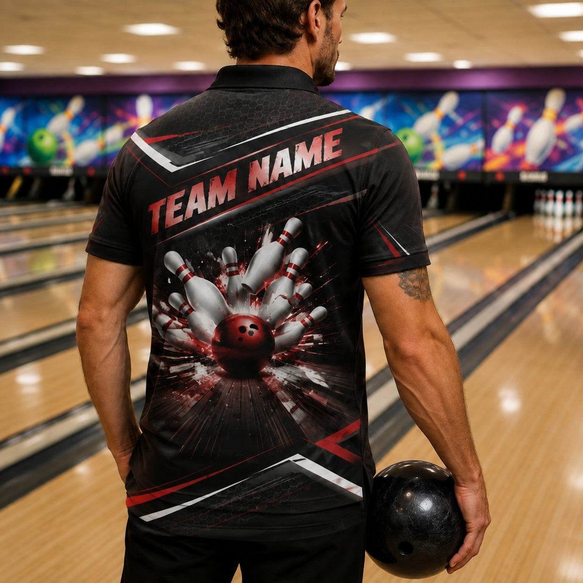 Bowling Strike Explosion Sport Personalized Bowling Polo Shirt Back View