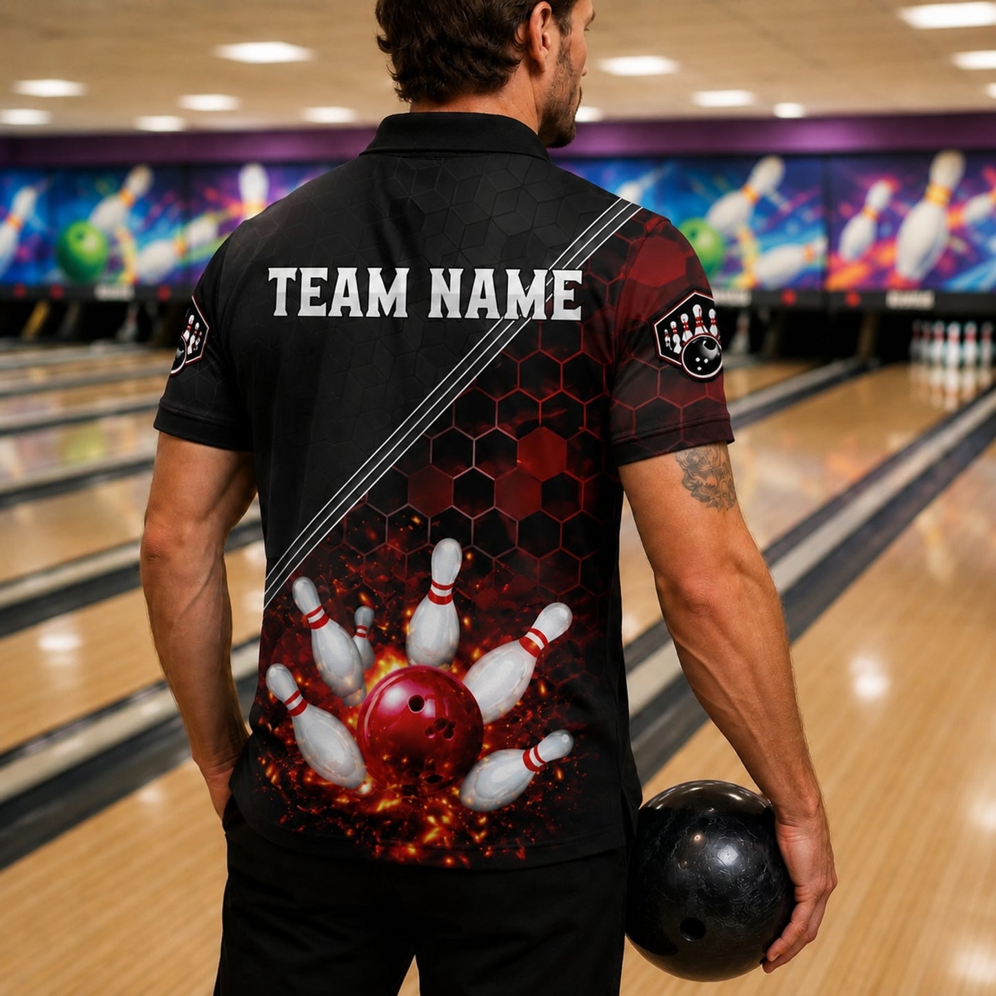 Bowling Strike Flames Sport Personalized Bowling Polo Shirt Back View