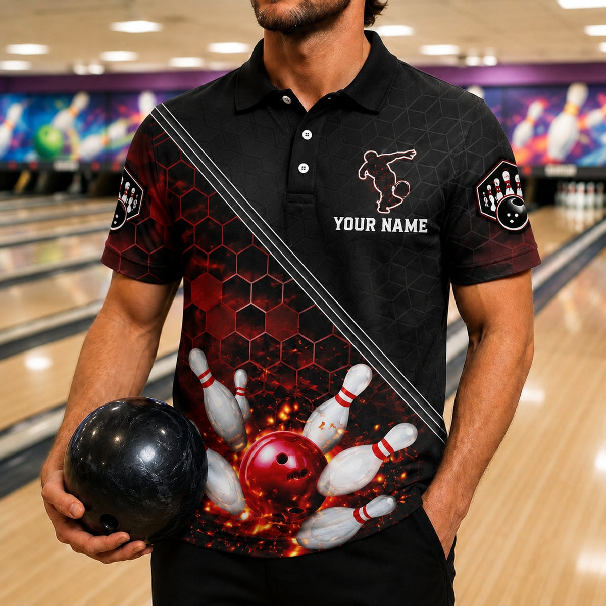 Bowling Strike Flames Sport Personalized Bowling Polo Shirt Front View