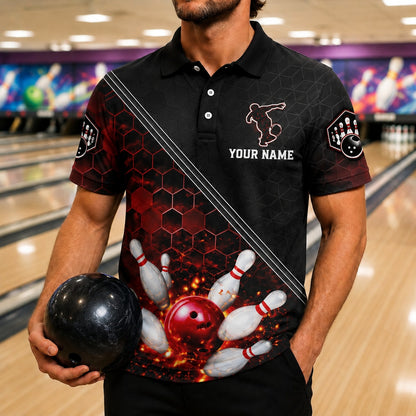 Bowling Strike Flames Sport Personalized Bowling Polo Shirt Front View