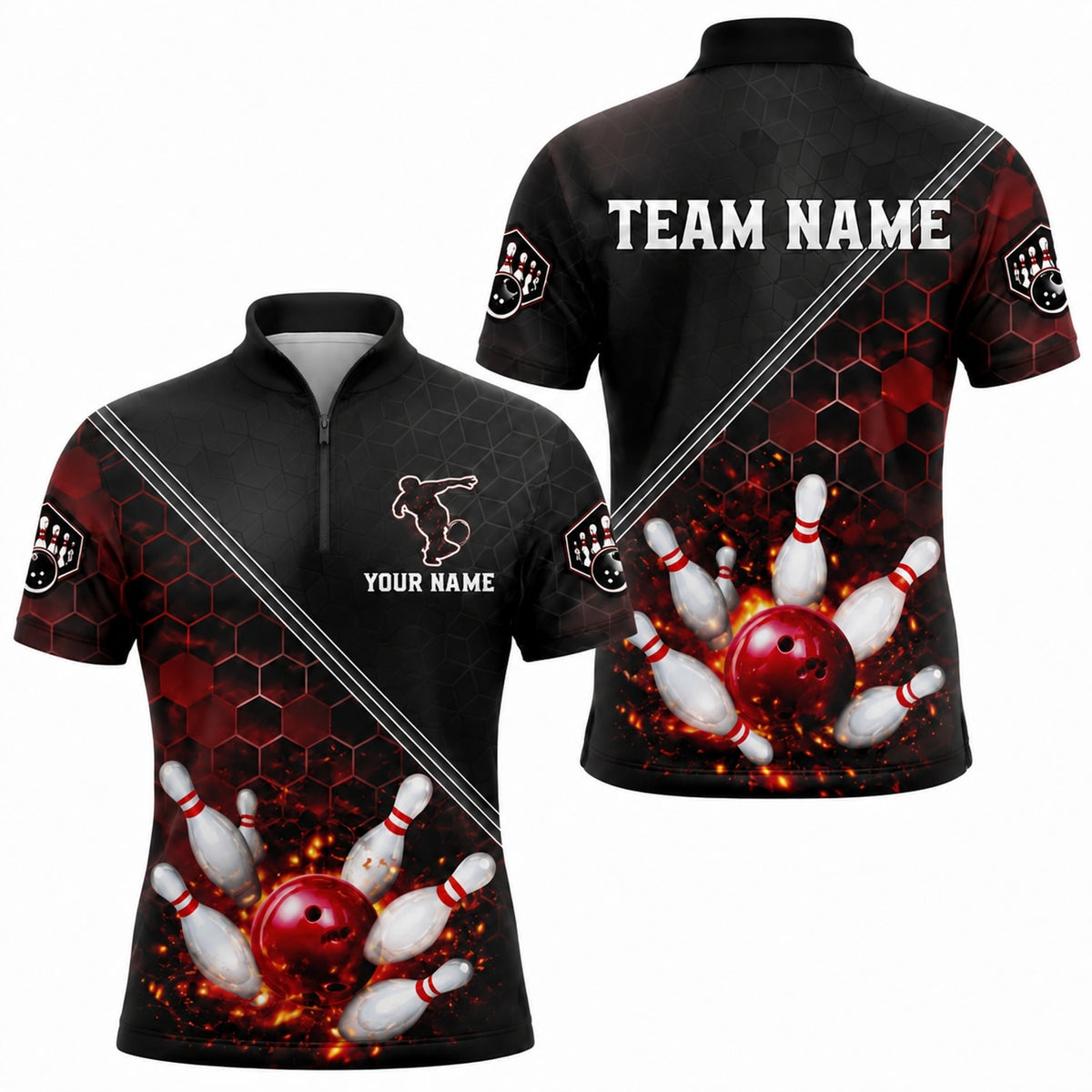 Bowling Strike Flames Sport Personalized Bowling Polo Shirt Jersey Zip 1 4 Collar