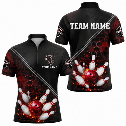 Bowling Strike Flames Sport Personalized Bowling Polo Shirt Jersey Zip 1 4 Collar