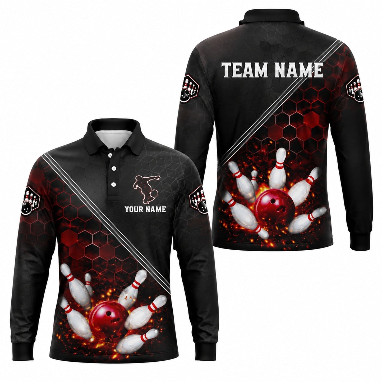 Bowling Strike Flames Sport Personalized Bowling Polo Shirt Long Sleeve Polo