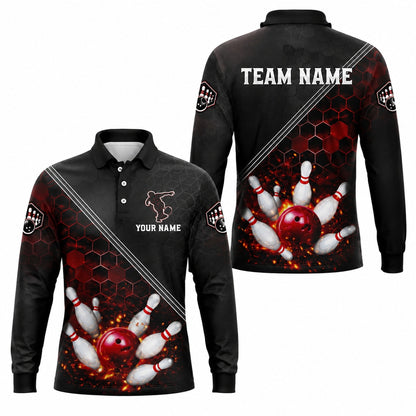 Bowling Strike Flames Sport Personalized Bowling Polo Shirt Long Sleeve Polo
