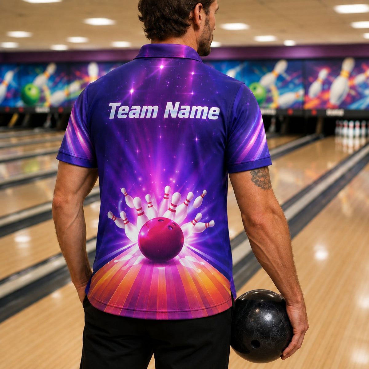 Bowling Strike Galaxy Personalized Bowling Polo Shirt Back View