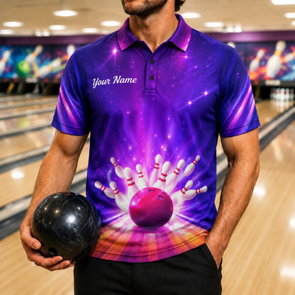 Bowling Strike Galaxy Personalized Bowling Polo Shirt Front View
