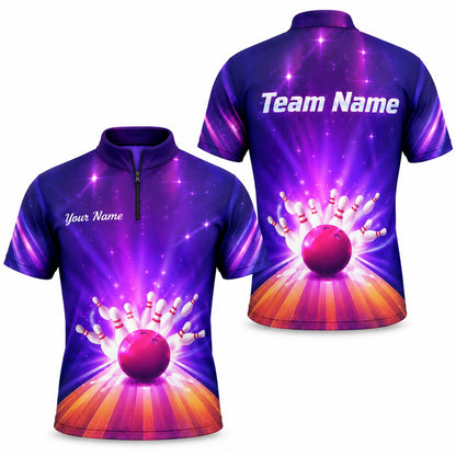 Bowling Strike Galaxy Personalized Bowling Polo Shirt Jersey Zip 1 4 Collar