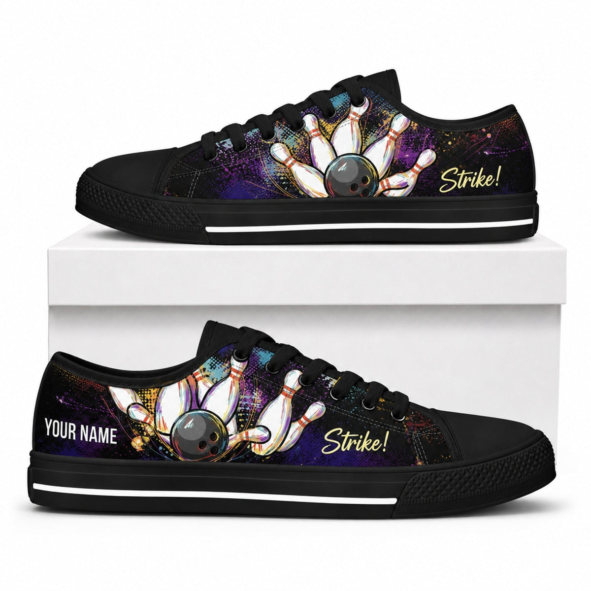 Bowling Strike Graphic Personalized Low Top Shoes Box Black