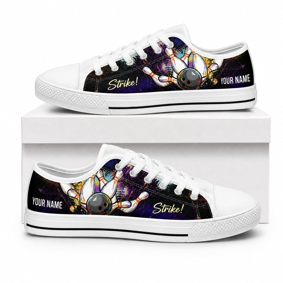 Bowling Strike Graphic Personalized Low Top Shoes Box White
