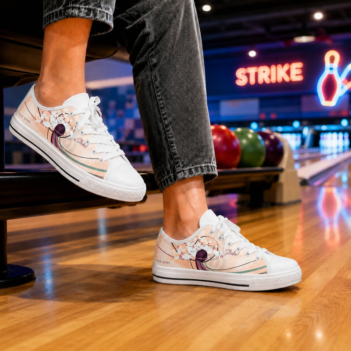 Bowling Strike Illustration Graphic Custom Low Top Shoes Bowling Life Style