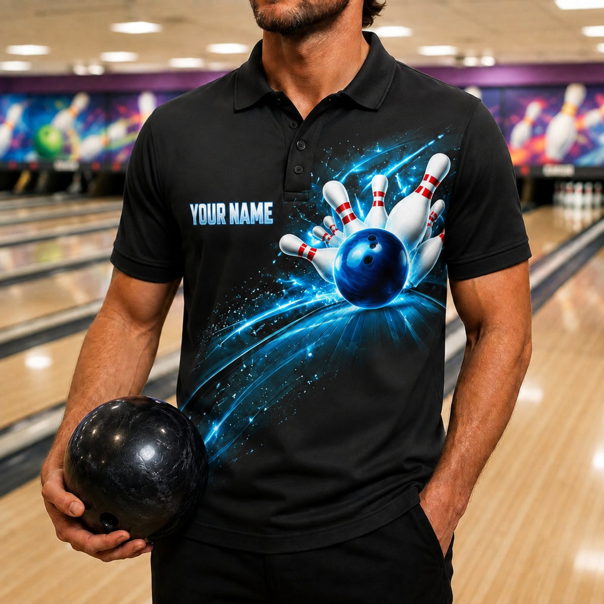 Bowling Strike Lightning Sport Personalized Bowling Polo Shirt Front View