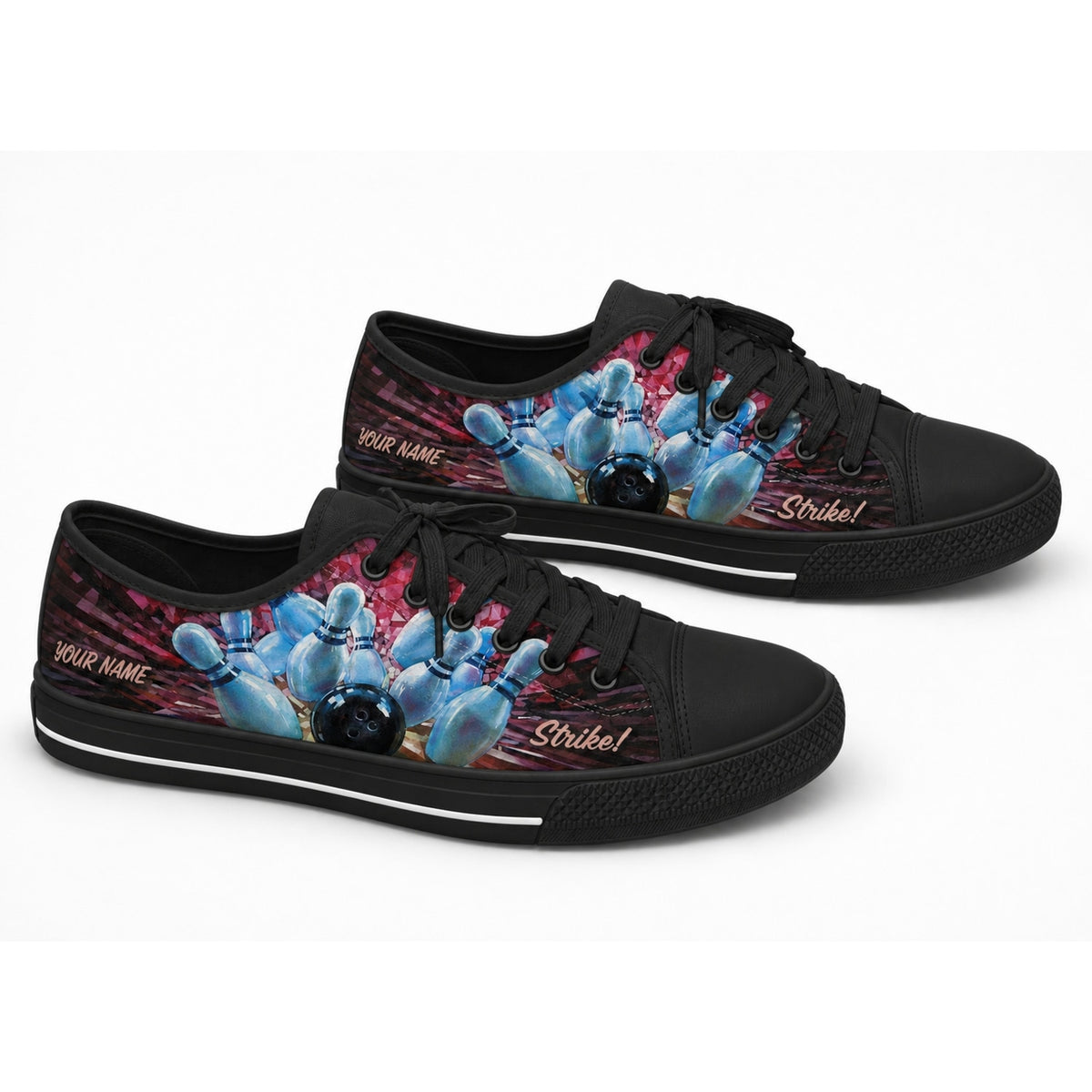 Bowling Strike Pins And Ball Graphic Custom Low Top Shoes Black Shoes