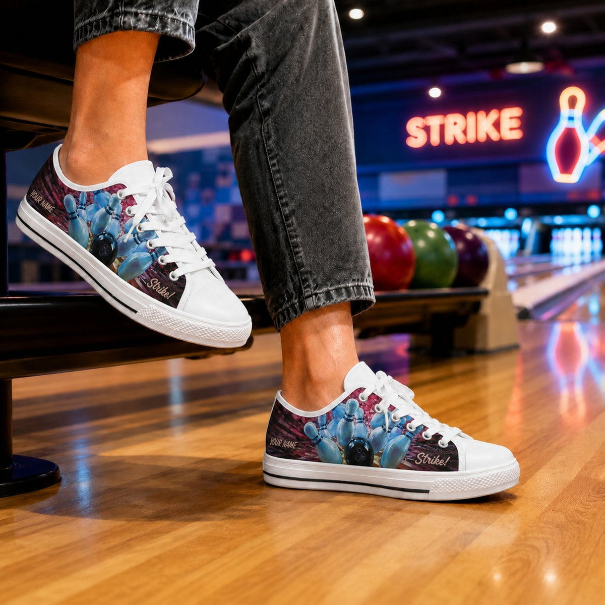 Bowling Strike Pins And Ball Graphic Custom Low Top Shoes Bowling Life Style