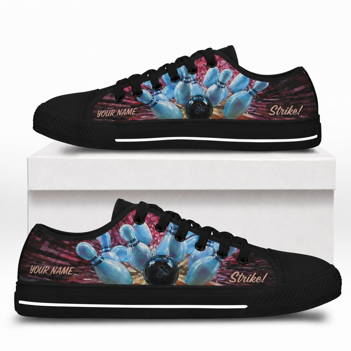 Bowling Strike Pins And Ball Graphic Custom Low Top Shoes Box Black