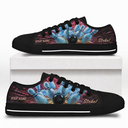 Bowling Strike Pins And Ball Graphic Custom Low Top Shoes Box Black