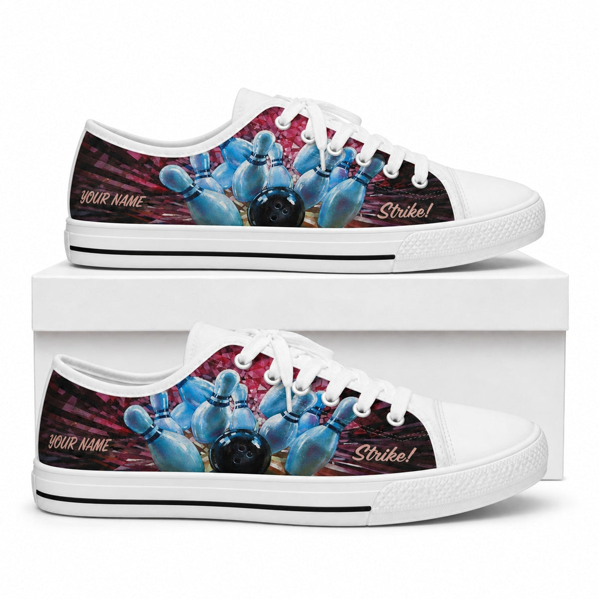 Bowling Strike Pins And Ball Graphic Custom Low Top Shoes Box White