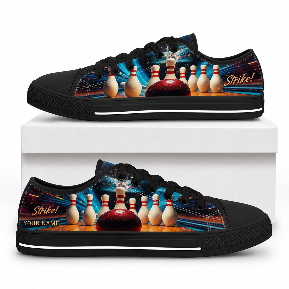 Bowling Strike Pins Graphic Personalized Low Top Shoes Box Black