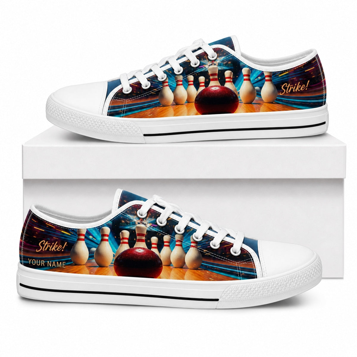 Bowling Strike Pins Graphic Personalized Low Top Shoes Box White