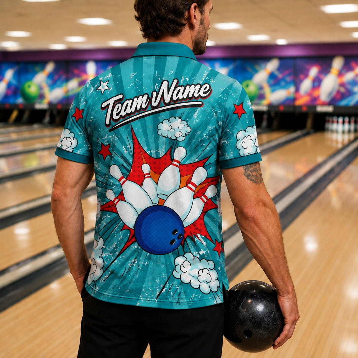 Bowling Strike Pop Art Custom Bowling Polo Shirt Back View