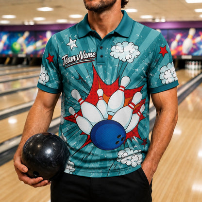 Bowling Strike Pop Art Custom Bowling Polo Shirt Front View