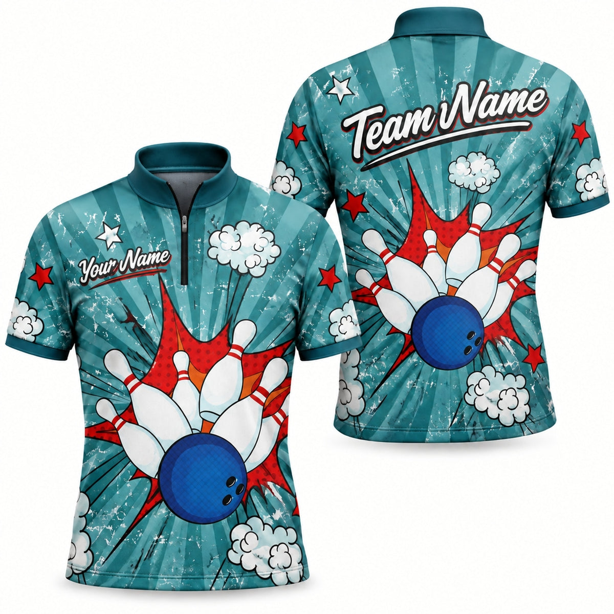 Bowling Strike Pop Art Custom Bowling Polo Shirt Jersey Zip 1 4 Collar