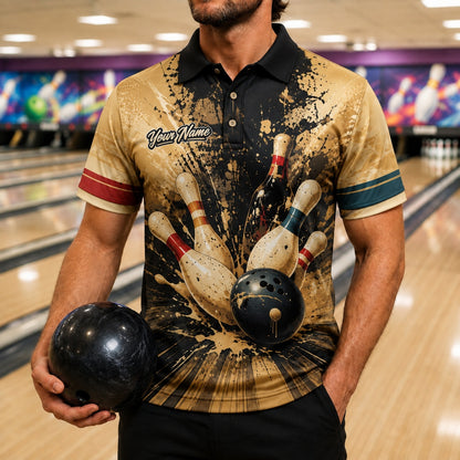 Bowling Strike Splash Graphic Custom Bowling Polo Shirt Front View