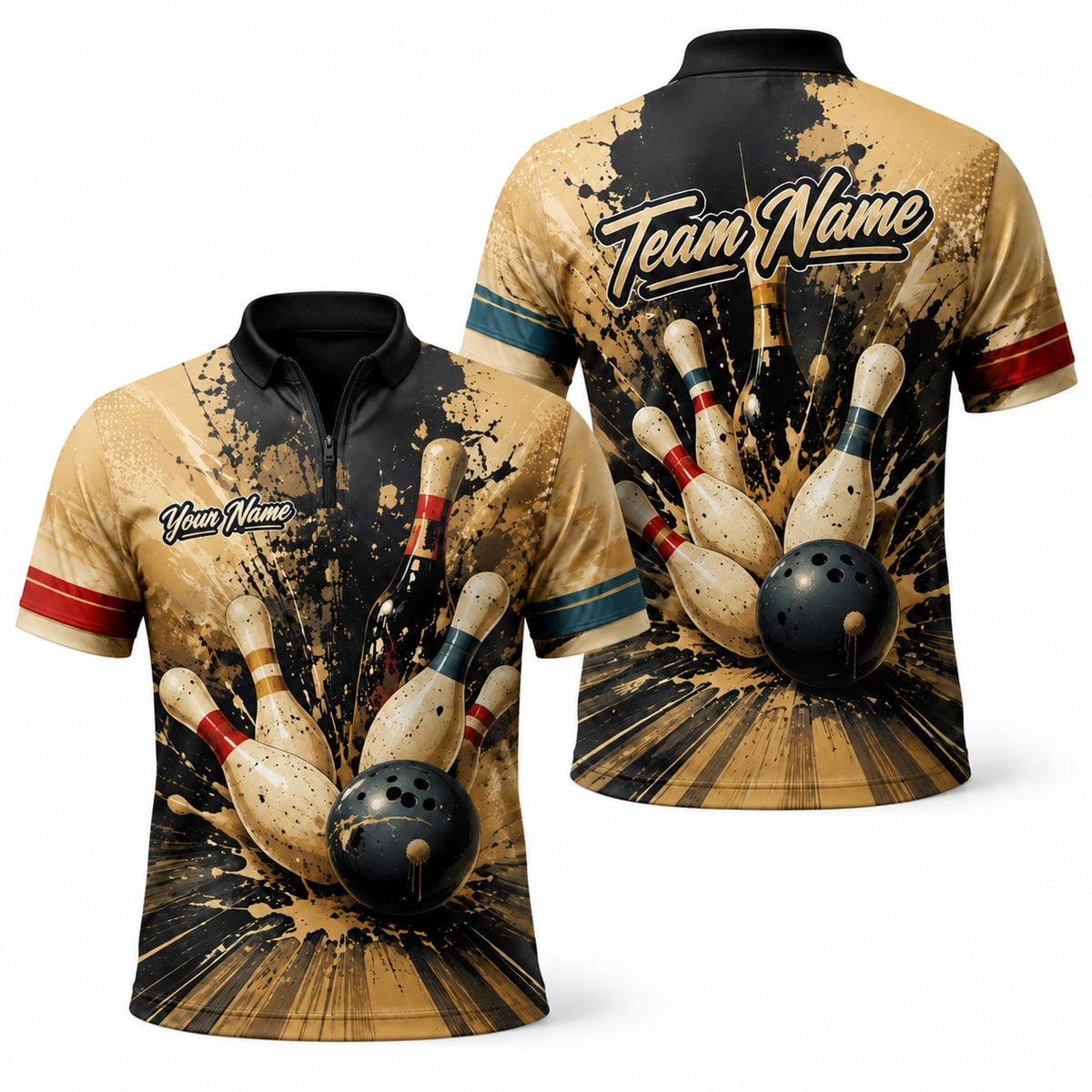Bowling Strike Splash Graphic Custom Bowling Polo Shirt Jersey Zip 1 4 Collar