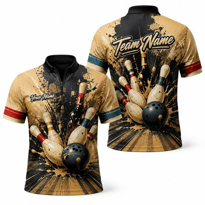 Bowling Strike Splash Graphic Custom Bowling Polo Shirt Jersey Zip 1 4 Collar