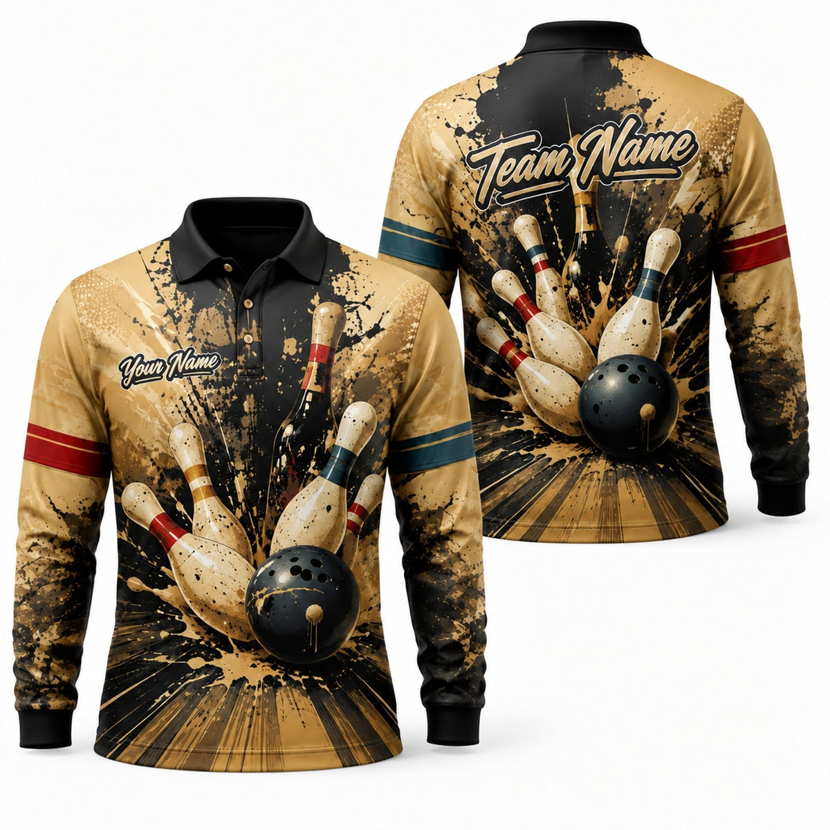 Bowling Strike Splash Graphic Custom Bowling Polo Shirt Long Sleeve Polo