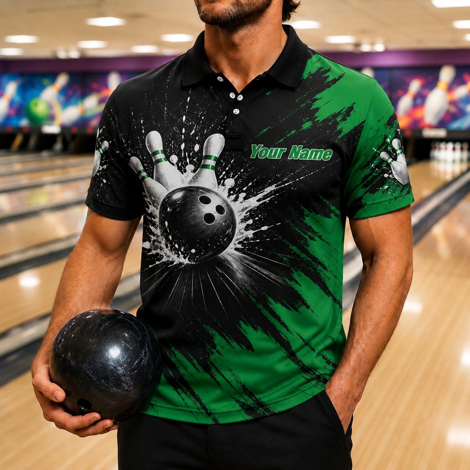Bowling Strike Splash Graphic Personalized Bowling Polo Shirt Front View
