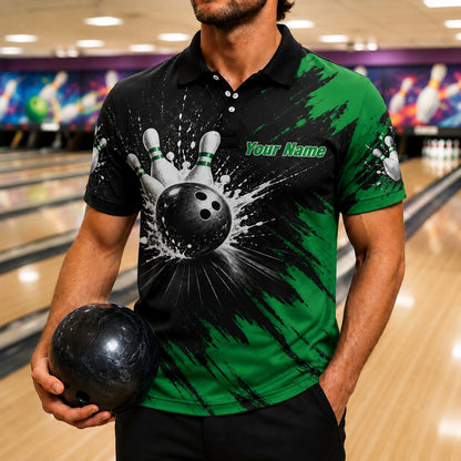 Bowling Strike Splash Graphic Personalized Bowling Polo Shirt Front View