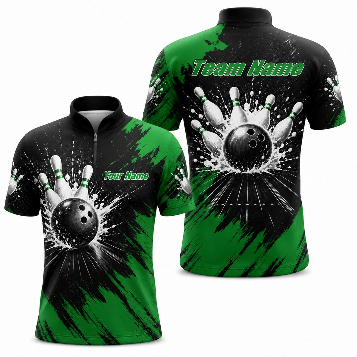 Bowling Strike Splash Graphic Personalized Bowling Polo Shirt Jersey Zip 1 4 Collar
