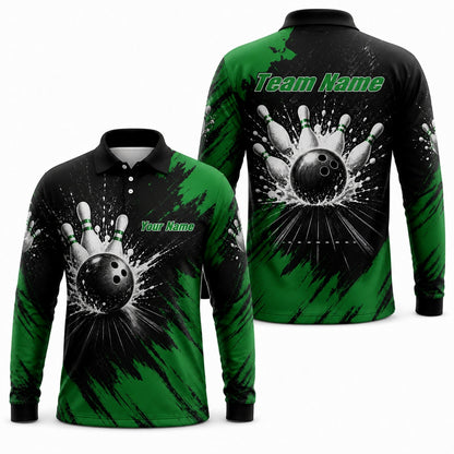 Bowling Strike Splash Graphic Personalized Bowling Polo Shirt Long Sleeve Polo
