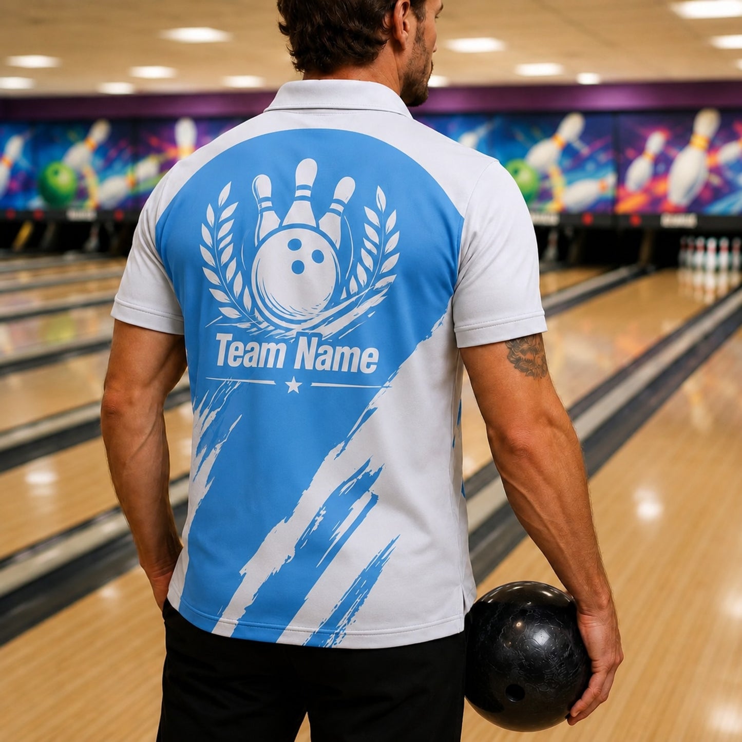 Bowling Team Name Modern Custom Bowling Polo Shirt Back View