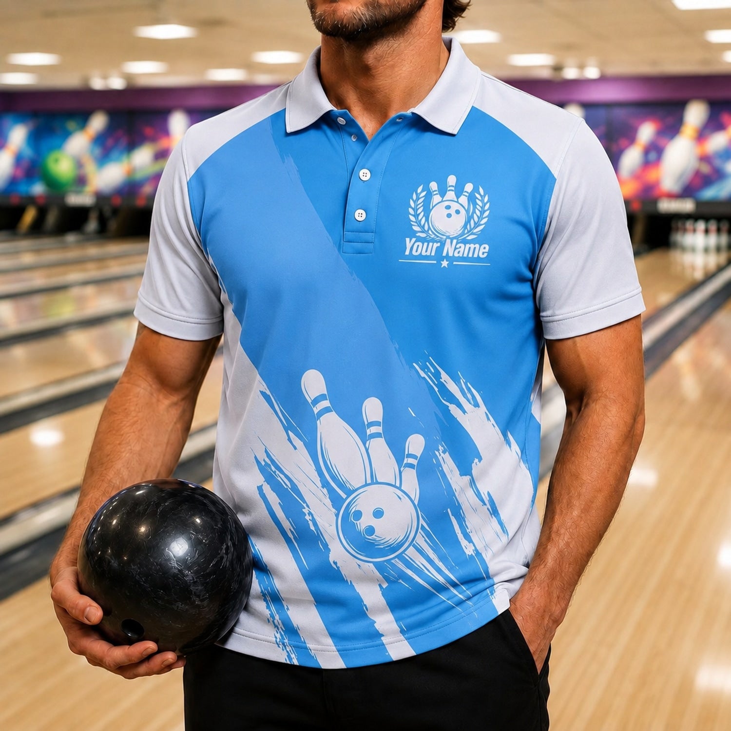 Bowling Team Name Modern Custom Bowling Polo Shirt Front View