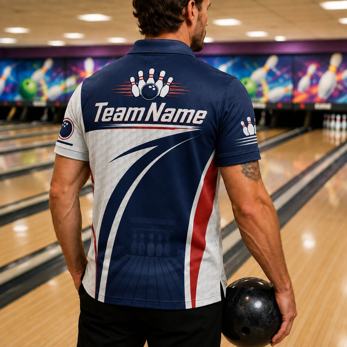 Bowling Team Name Modern Personalized Bowling Polo Shirt Back View