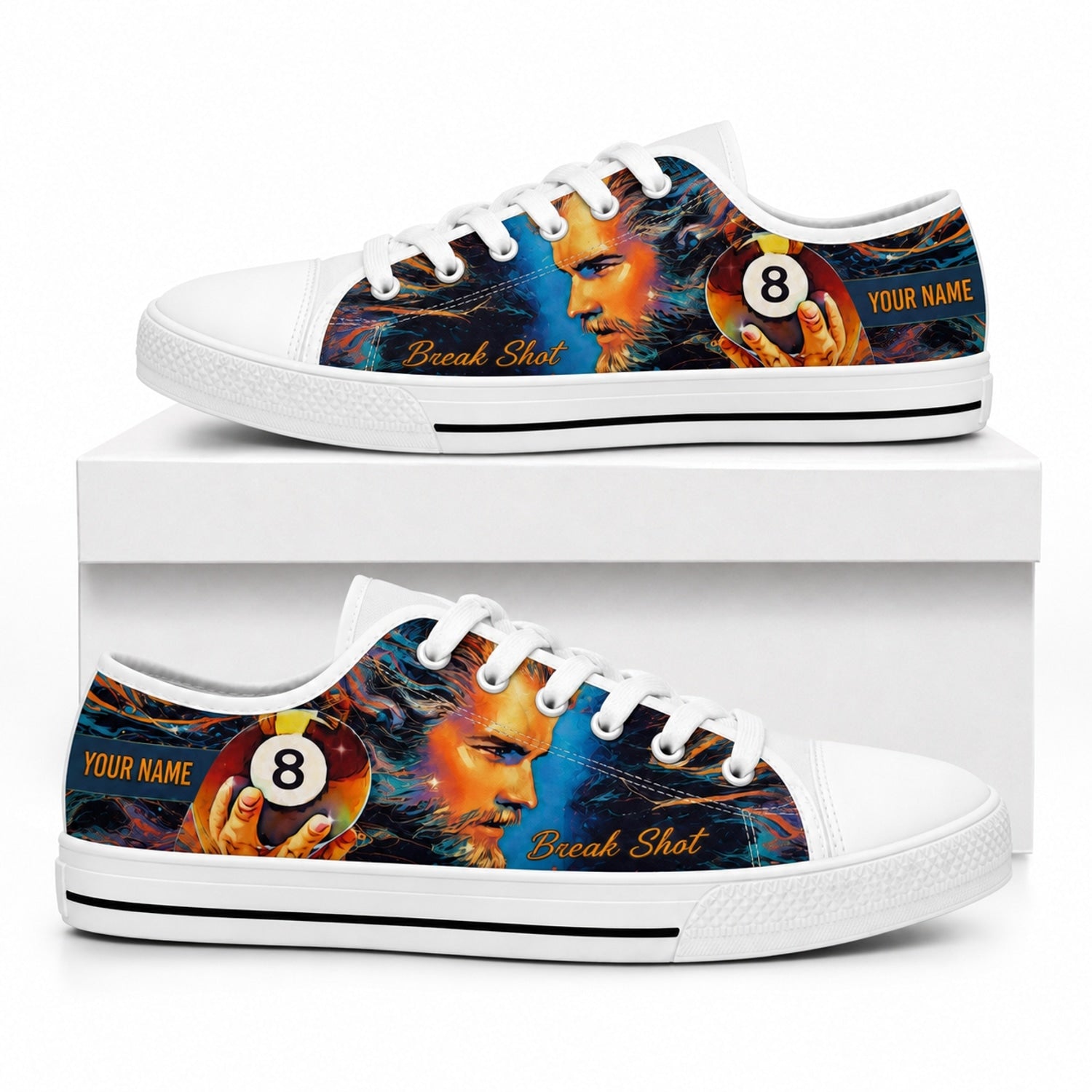 Break Shot Eight Ball Artistic Personalized Low Top Shoes Box White